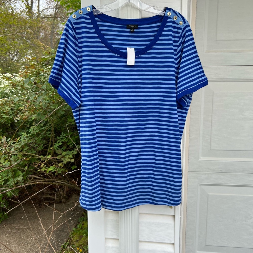 NWT Talbots Pretty Blues Stripe Shoulder Buttons Short Sleeve Top